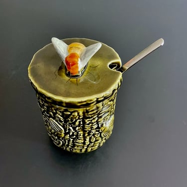 Vintage Secla Portugal Majolica Honey Pot, Jar with Bee on Lid - Ceramic, Green, Hand Painted, Cottage Grand Millennial Style, Honey Bee 