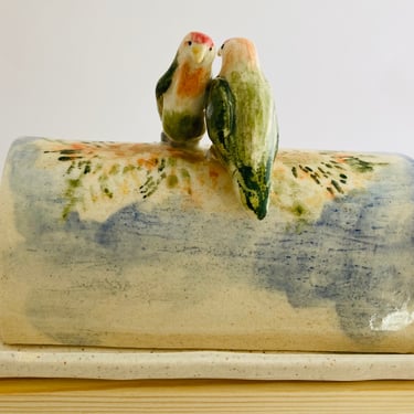 Ceramic Butter Dish with Parrots | Handmade and Hand-painted Lidded Container | Margarine Holder | Gift for Bird Lovers | Butter Keeper 