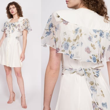 90s White Floral Chiffon Capelet Mini Dress - Medium | Vintage Boho Button Up Flutter Sleeve Sundress 