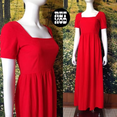 Soft Velour Vintage 60s 70s Orangey-Red Babydoll Maxi Dress 