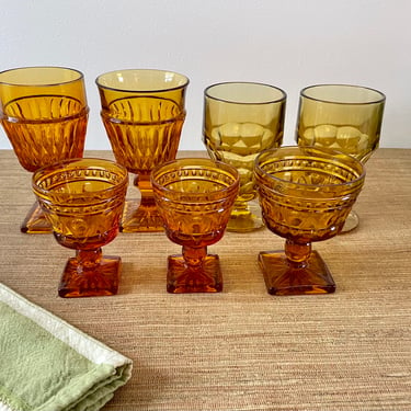Vintage Goblets - Mismatched Amber Glassware - Footed Amber Goblets - Set of 7 - Georgian Thumbprint - Colony Park Lane - Autumn Table 