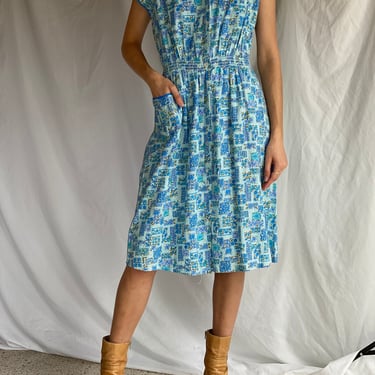 1950s Cotton Dress / Cotton Printed Shirt Dress / Blue and White Dress / 1960's Pinup Dress / Fifties Day Dress / Summer Dress 