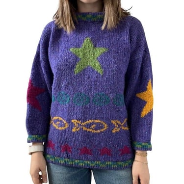 Vintage Womens Hand Knit Star Purple Chunky Wool Hippie Oversized Sweater Sz M 