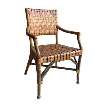 Rattan & Cognac Woven Leather Armchair, 1960’s (Three Available)