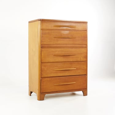 Heywood Wakefield Mid Century Blonde Solid Wood Highboy 5 Drawer Dresser - mcm 