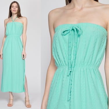 Sm-Med 70s Mint Green Velour Halter Maxi Dress | Vintage Sleeveless Beach Cover Up Terrycloth Sundress 