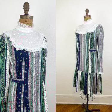 Vintage 1970s Eyelet and Patchwork Stripe Print Ruffled Day Dress/ 70s Romantic Cotton Print Dress S/M 