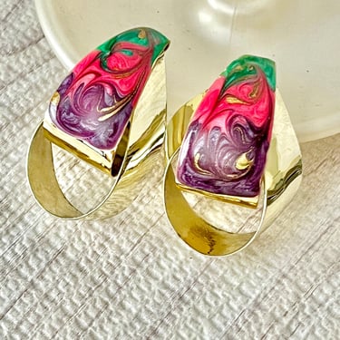 Big Statement Earrings, Enamel Abstract, Vintage 80s Jewelry, Artistic, Swirl Design, Studs 