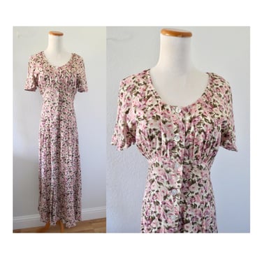 Vintage 90s Floral Dress - Pink Flower Print Button Up Midi by All That Jazz - Size Medium 