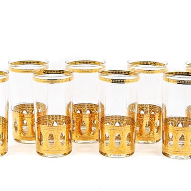 4 Culver gold cocktail glasses. Antigua barware tumblers for whiskey highballs & cocktails. Glam Hollywood regency home bar decor MINT 