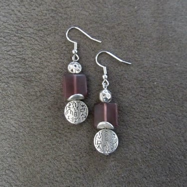 Silver and purple frosted glass earrings 