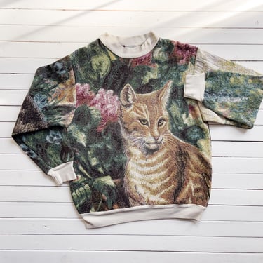 Sugar Street Weavers sweater 90s vintage floral garden cat woven tapestry sweatshirt 