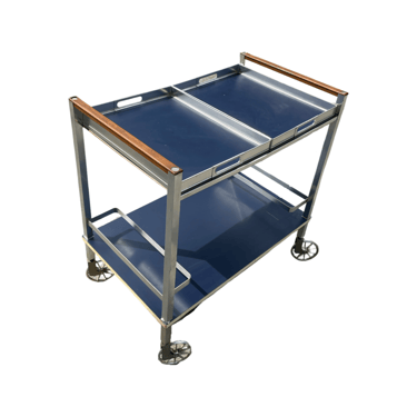 Navy Blue, Aluminum and Wood Bauhaus Style Bar Cart with Removable Trays