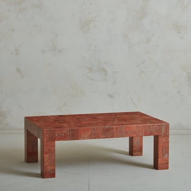 Red Travertine Tessellated Coffee Table, Italy 20th Century