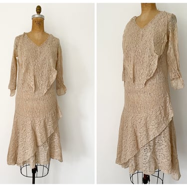 Antique 1920s handmade nude Alencon lace dress | flapper costume dress, discoloration, as is, XS 