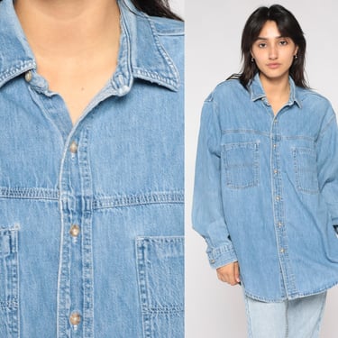 90s Jean Shirt Eddie Bauer Denim Button Up Shirt Light Blue Grunge Plain Long Sleeve Boyfriend Shirt Simple Streetwear Vintage 1990s Large L 