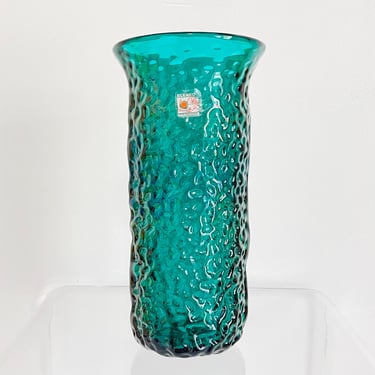 Vintage 1960s MID Century Modern Blenko Teal Green Art Glass Vase Textured Ripple 