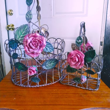 VINTAGE Shabby Chic Baskets, Rose Baskets, Wedding Decor, Victorian Home Decor 