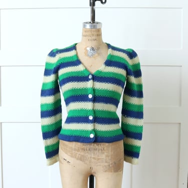 vintage striped wool puff sleeve sweater •  1930s 40s style hand knit cardigan • bright blue green and ivory 