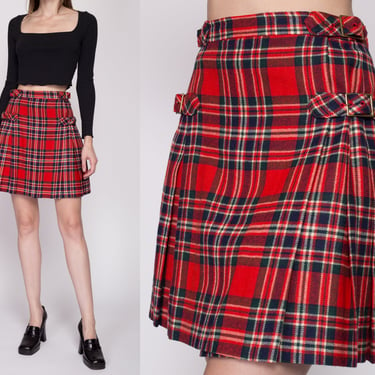 XS 80s Red Plaid Mini Kilt Wrap Skirt 23"-25.5" | Vintage High Waisted Tartan Schoolgirl Skirt 