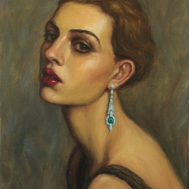 Girl with an Emerald Earring. Extra Large Art Print from Original Painting by Pat Kelley. 20x16, Woman Portrait, Art Deco, Vintage Style 