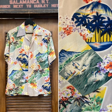 Vintage 1950’s Tropical Postcard Surfer Island Crepe Hawaiian Shirt, 50’s Vintage Clothing 