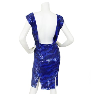 Andrea Odicini Couture 1980s Vintage Blue Sequin Backless Cocktail Mini Dress Sz XS 