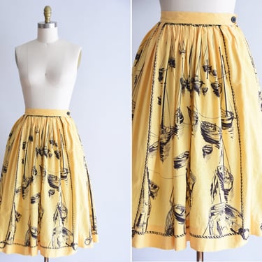 1950s Boat Show skirt/  vintage 50s novelty skirt/ cotton novelty full skirt 