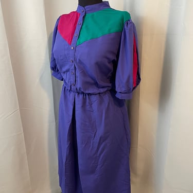 80s Vintage Color Block New Wave Shirt Dress Purple Windbreaker XL 