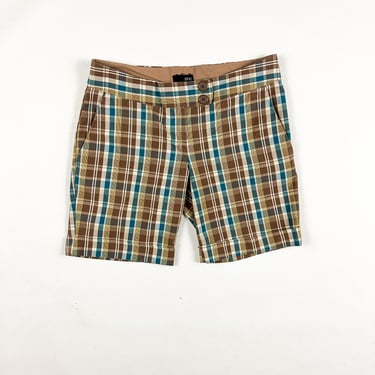 Y2K Zinc Brown and Blue Plaid Long Shorts / Bermudas / Cuffed / Medium / Low Rise / 00s / SATC / Euro / M / Low Rise / Fall / Streetwear / 