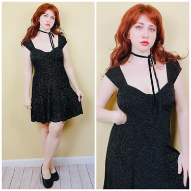 1990s Vintage CDC Sparkle Spandex Mini Dress / Black Cap Sleeve Bustier Stretch Glitter Party Dress / Small - Medium 