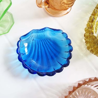Vintage Blue Glass Shell Trinket Dish - Small Seashell Ring Dish - Bright Blue Vanity Jewelry Holder 
