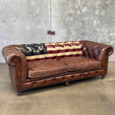 Vintage Custom Painted Betsy Ross Flag Leather Chesterfield Sofa