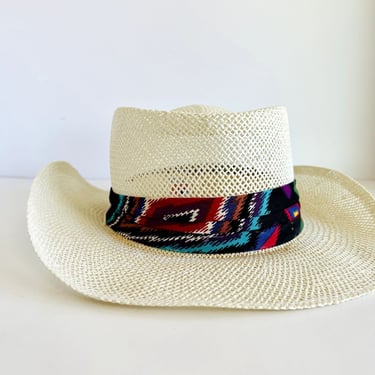 Vintage 80s Southwestern Wicker Wide Brim Summer Rancher Hat 