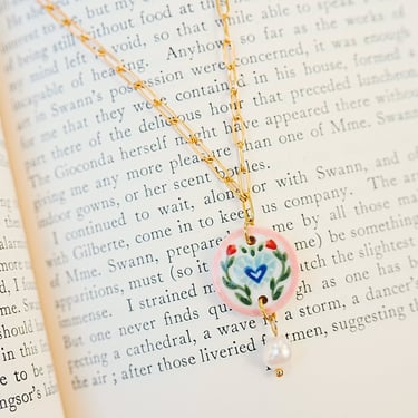 Fold Heart Ceramic Necklace, Made to Order, Hand Painted Necklace, Porcelain Boho Jewelry, Blue and Pink Ceramic Charm, Freshwater Pearl 