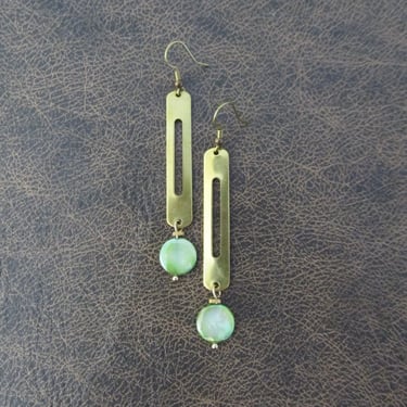 Green mother of pearl shell and brass earrings 2 