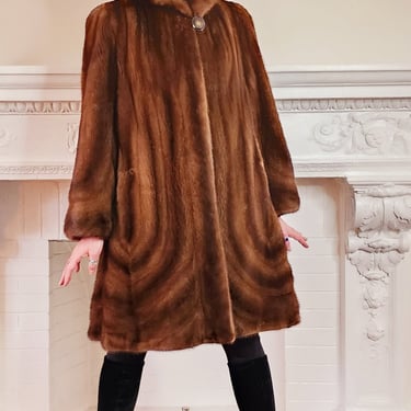 90s Brown Mink Fur Stroller Coat, Hooded & Swing Style - S 