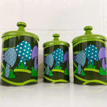 Vintage Mushroom Canister Set Lincoln Beautyware Plastic Lids Metal Mid-Century Kitchen Retro Aesthetic Prop 1970s 70s Cute Kawaii Japan 