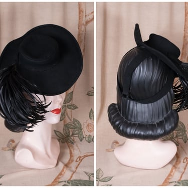 1940s Hat  - Dramatic Vintage 40s Jaunty Pirate Tilt Hat with Wicked Black Feathers Both Over and Under Brim 