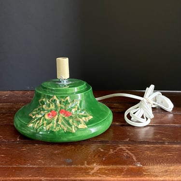 Vintage Ceramic, Lighted, Electric Christmas Tree Lamp Base - 3 inch opening, Green Gold Red Poinsettia, Working 