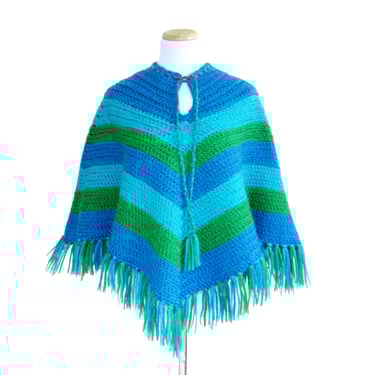 Mod Vintage Crocheted Poncho with Fringe Hem, Blue and Green Chevron Stripe Poncho with Tie at Neckline, Hippie Chic Sweater 