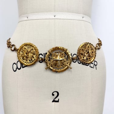 Vintage 80s Statement Belt | Gold Metal Chain Low Slung Belt with Elaborate Medallions 