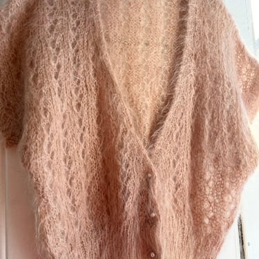 80’s Pale Tan Pink Mohair Gold Lurex Short Sleeve Sweater Bolero Shrug