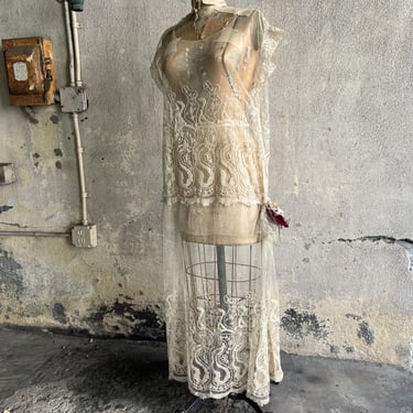Antique 1920s Cream Embroidered Net Dress Filet Lace Silk Ribbon Flower Vintage