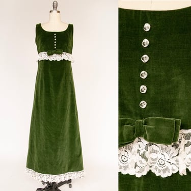 1960s Dress Green Velvet High Waist Gown S 