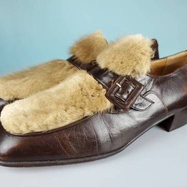 Vintage fur dress shoes by MAURI luxury designer italian men's shoes 40s 50s 60s 70s Brown leather slip-on block heel. (M 10.5/W12+) 