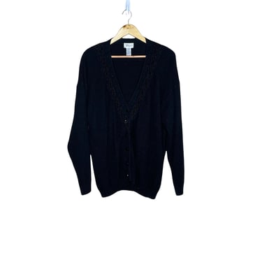 Vintage Erika Black Angora Silk Blend Beaded Cardigan Sweater, Plus Size, Size 2X 
