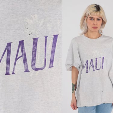 Maui T-Shirt 90s Hawaii Shirt Purple Tropical Palm Tree Graphic Tee Tourist Travel Surfer Retro Single Stitch Heather Grey Vintage 1990s XL 