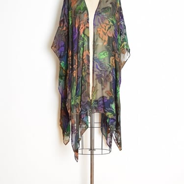 vintage 90s shawl sheer black silk burnout watercolor flapper wrap jewel tone clothing 