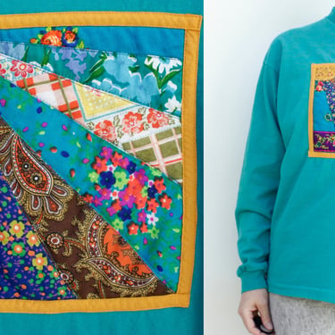 Vintage 90s Teal Long Sleeved T-shirt / Upcycled with Quilt Art Panel 